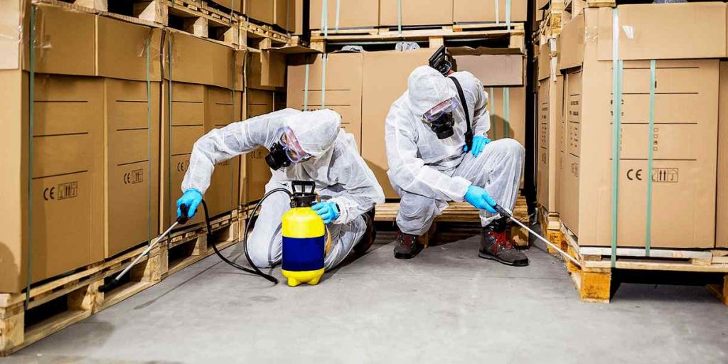 Two men kneeling down in a store spraying under wooden supports in Juba, South Sudan