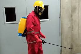 A man dressed in a red overall and yellow helmet spraying a door in Juba, South Sudan