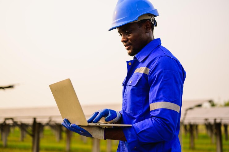 A maintainence engineer in a blue overall and helmet testing the new systems