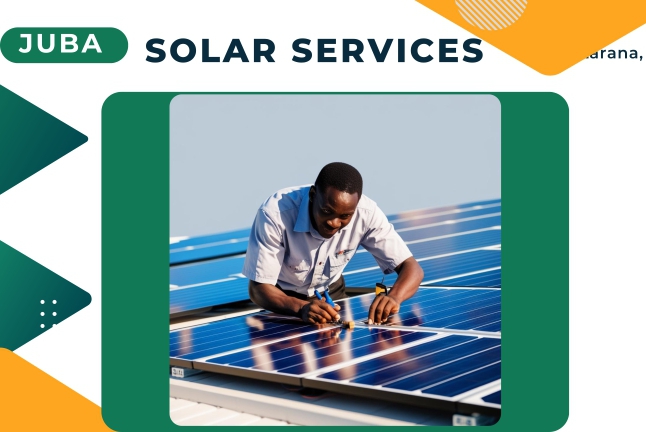 A solar technician fixing solar panels on the roof in Juba South Sudan