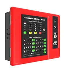 A red & black colored Azenware 4 zone control panel in a white background