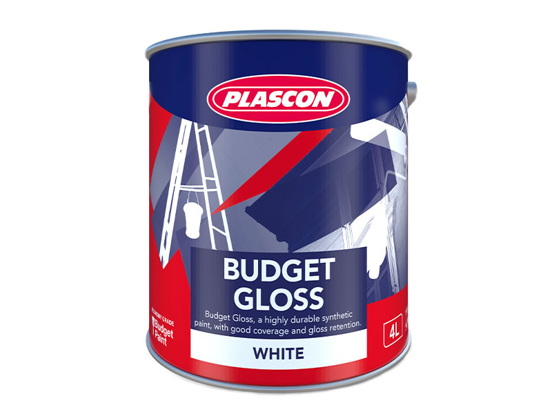 A tin of Plascon Budget Gloss Paint in a white background