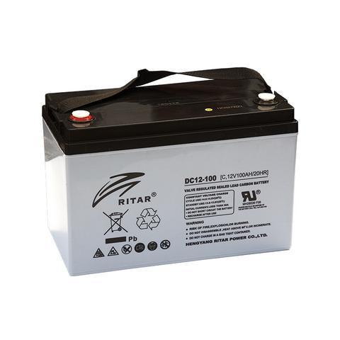 A gray Ritar 100Ah Gel Battery in a white background