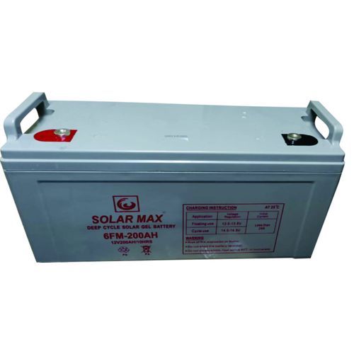 A gray solarMax 200Ah Battery in a white background