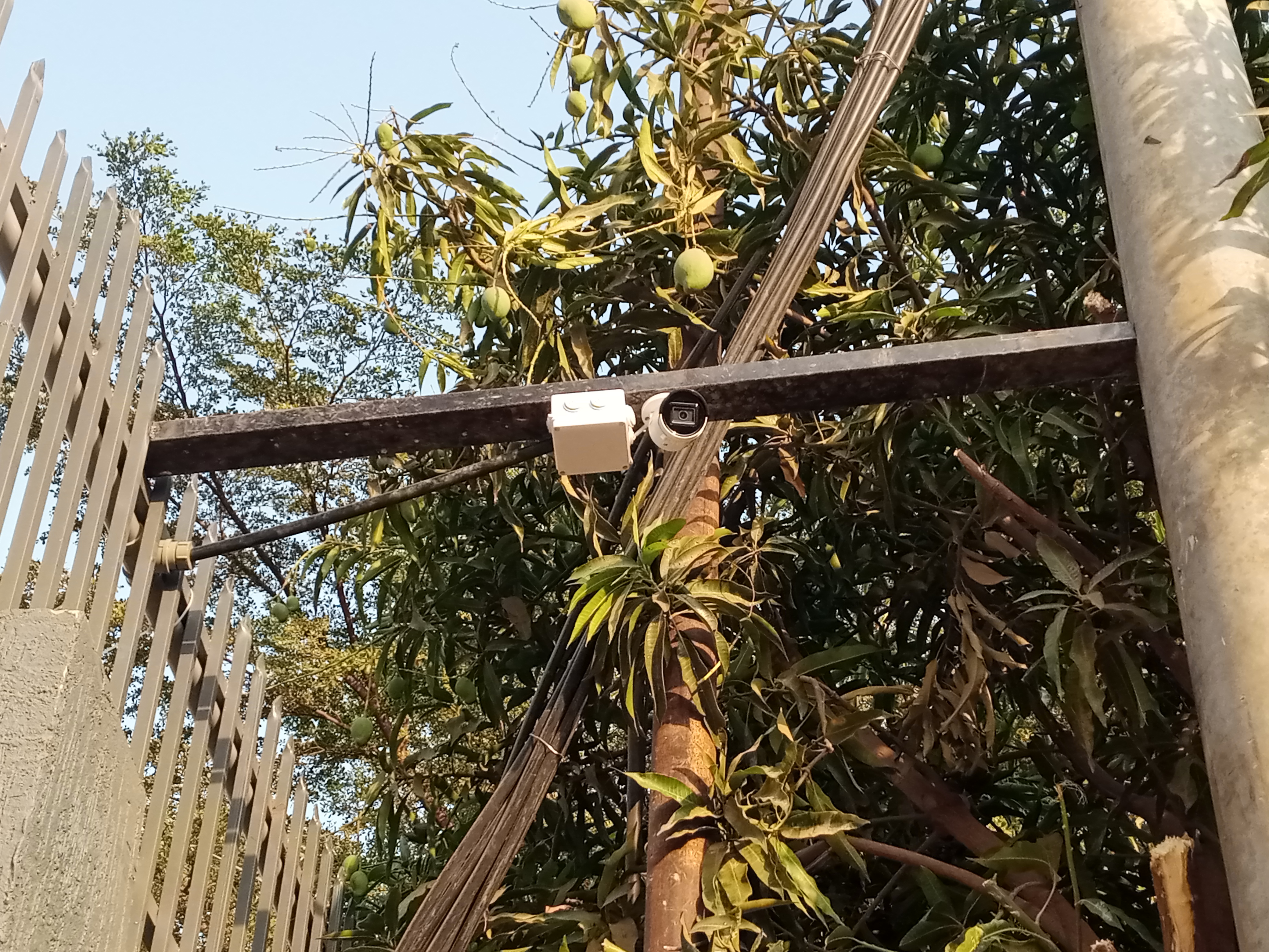 Front view of a bullet Camera mounted on a big metal rod