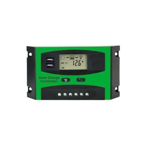 A green colored SolarMax 10A Digital Solar Controller in a white background