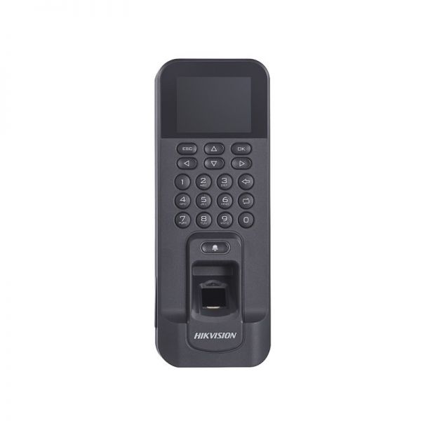 A black hikvision fingerprint terminal with buttons
