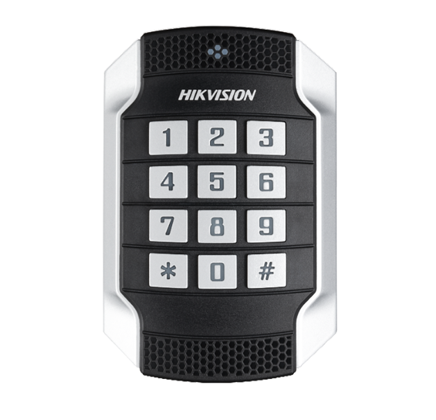 A white & black colored hikvision keypad & card reader