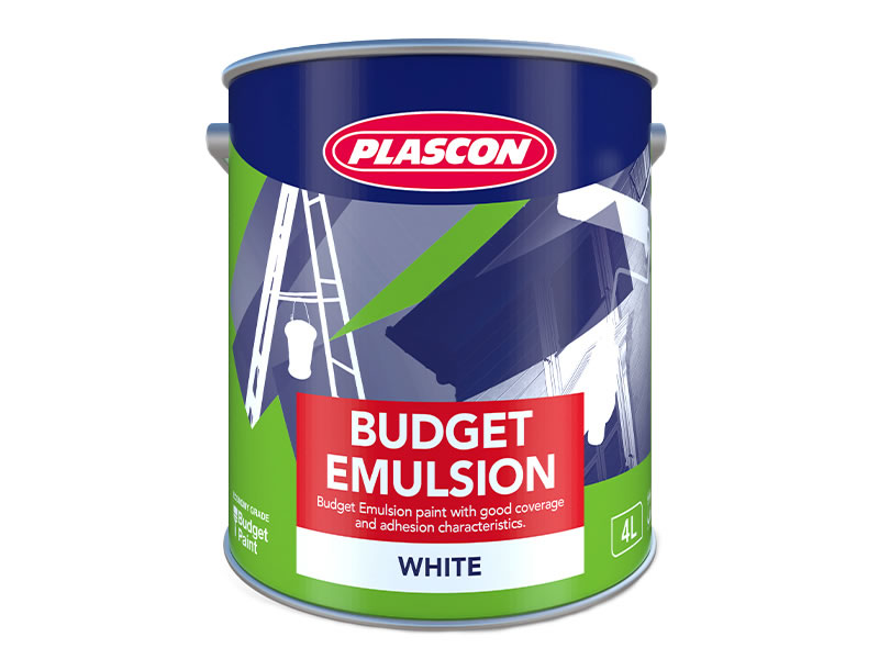 A tin of Plascon Budget Emulsion Paint in a white background
