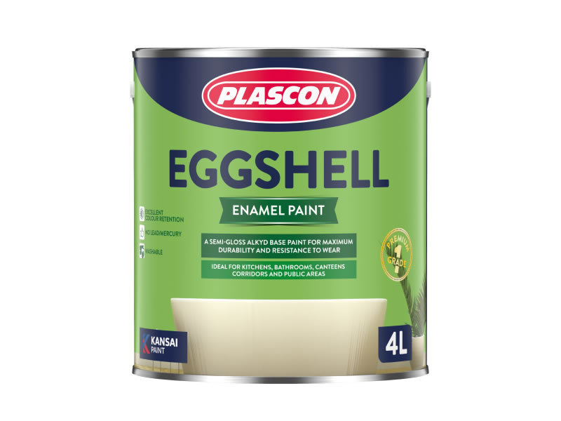 A tin of Plascon Eggshell Enamel in a white background