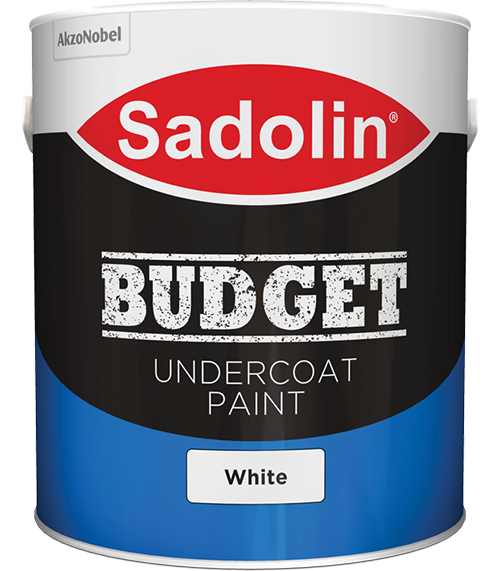A bucket of Budget undercoat in a white background