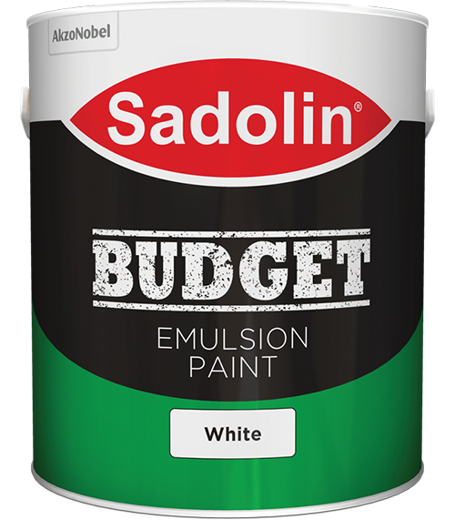 A bucket of Sadolin Budget Emulsion Paint in a white background