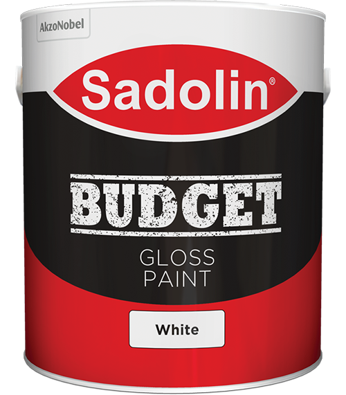 A bucket of Sadolin Budget Gloss Paint in a white background