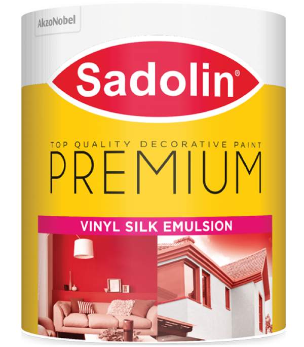 A bucket of Sadolin Vinyl Silk Emulsion Paint in a white background