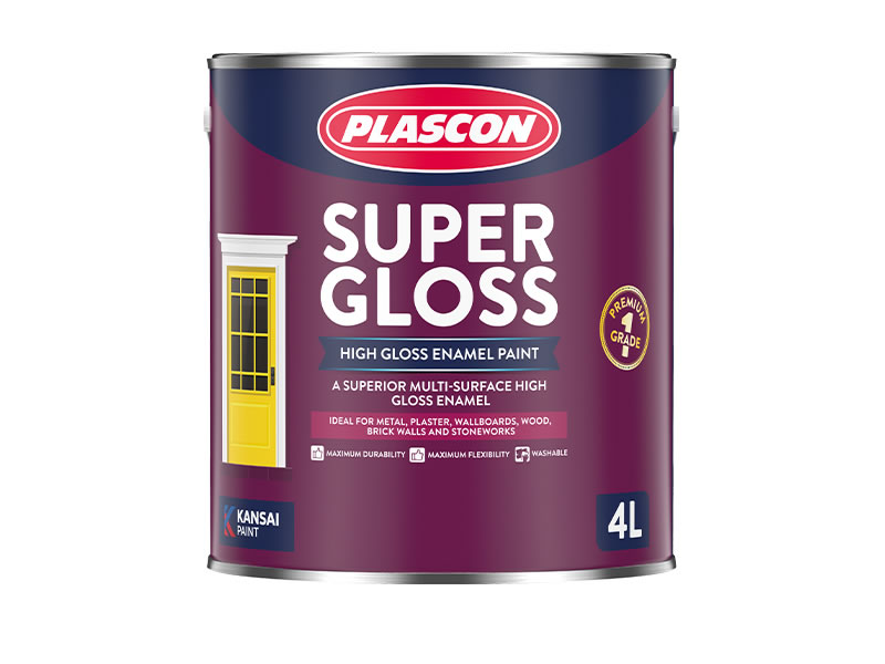 A tin of plascon super gloss in a white background