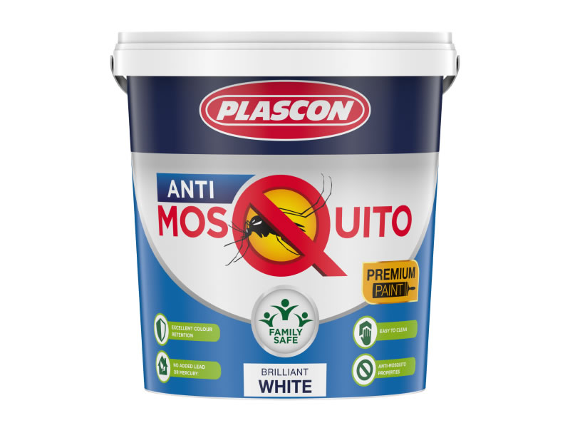 A bucket of Plascon Anti Mosquito Paint in a white background