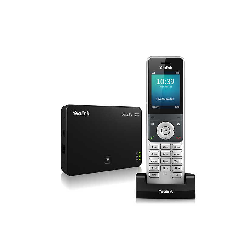 A Yealink telephone and dect in a white background