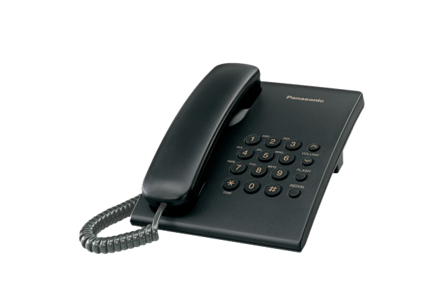 A black Panasonic KX TS500MX in a white background