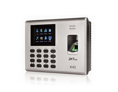 A silver ZKTECO K40 Fingerprint Time Attendance device in a white background