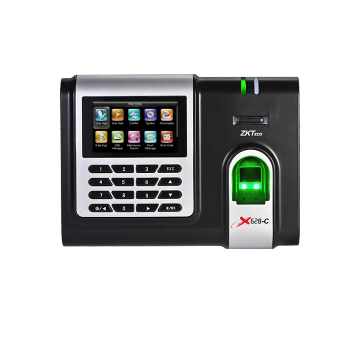 A black ZKTECO fingerprint & time attendance device in a white background