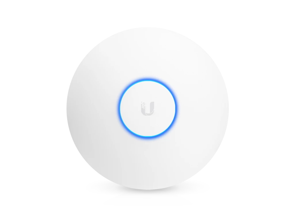 A white circular access point with a blue light