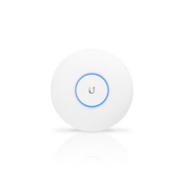 A white round access point with blue light in the center