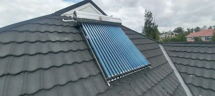 A Solar Water Heater installed on a black slanting roofing in Juba, South Sudan