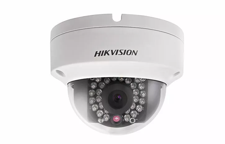 A Hikvision dome CCTV camera hanging on the ceiling